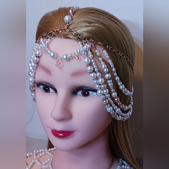 Beaded Pearl, Crystal and Copper Chain Headpiece New, Custom made. - Picture 3 of 7